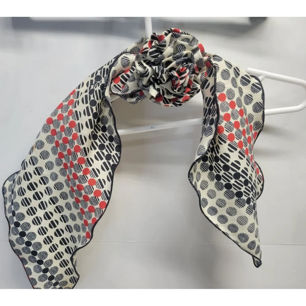 Vintage Polka Dot Scarf‎ Red Black Cream Accordion Pleat Ruffle Trim
